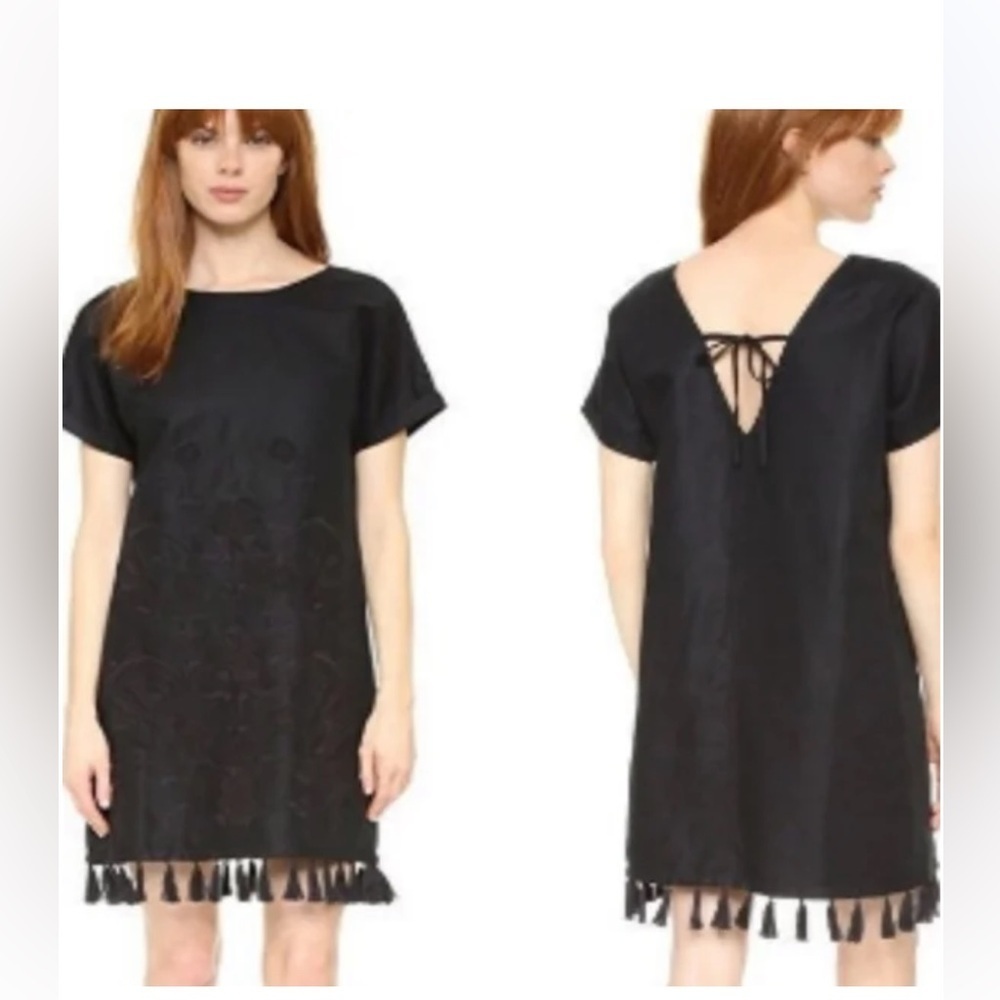 Madewell Black Embroidered Linen Blend Shift Dress Tassel Hem Lined
XXS